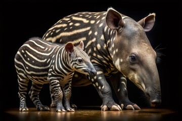 Naklejka premium Malayan Tapir & Newborn Cub - Isolated Black Background Stock Photo