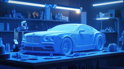 Obraz premium Blueprinted sports car in workshop, under neon lights, amidst tools & parts, for automotive design concept.