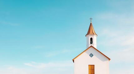 Fototapeta premium White church with a steeple and a cross on top