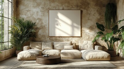 Sunlit living room with beige sectional sofa, plants, and large blank canvas on textured wall.