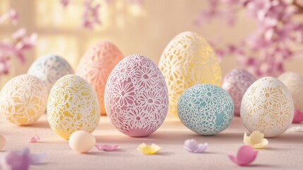 Colorfully decorated Easter eggs arranged on a table with floral patterns and pastel colors surrounded by delicate blossoms