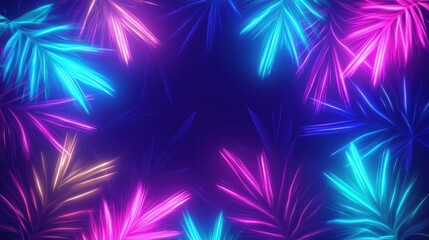Vibrant Neon Tropical Leaves Background with Futuristic Glow in Purple, Blue, and Pink Hues Ideal for Creating Eye-Catching Digital Designs or Artistic Presentations