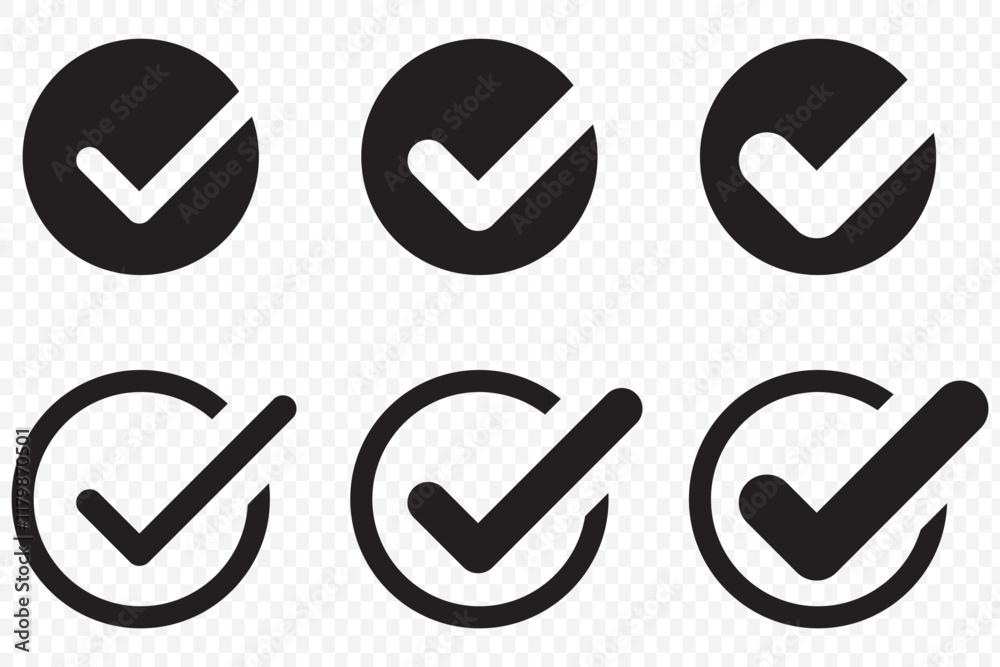 Poster check box icon with correct, accept checkmark icons green tick box, check list circle frame - checkb