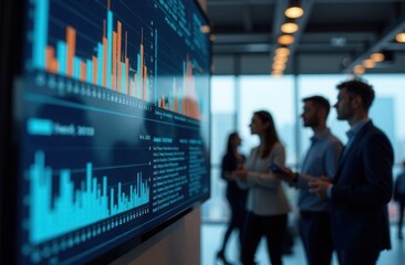 A group stands in front of a large screen showing graphs