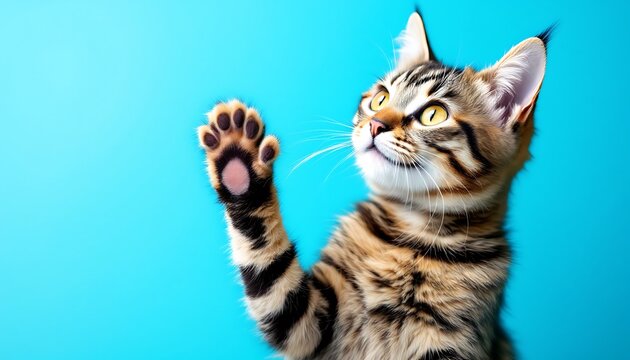 Playful Kitten Reaching Up: Vibrant Tabby in Bright Blue