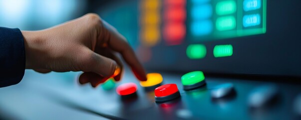 A close-up of a hand pressing buttons on a control panel, featuring various colored lights that suggest operational or technological functions.