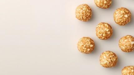 A close-up of round, golden snack balls sprinkled with oats, arranged on a light background, evoking a healthy and tasty treat.