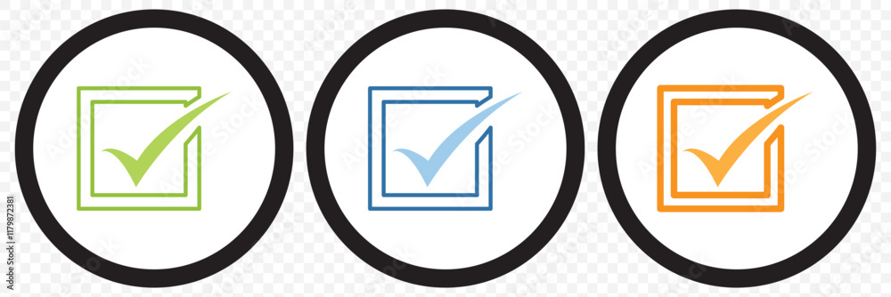 Poster check box icon with correct, accept checkmark icons green tick box, check list circle frame - checkb