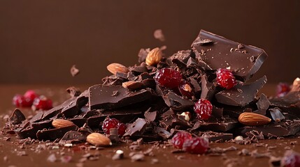 Chocolate bark with nuts and dried berries broken into irregular pieces