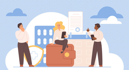 Employee Stock Ownership Plan, ESOP benefits package. Tiny people think about investment to corporate company, salary and financial bonus, medical service and compensation cartoon vector illustration