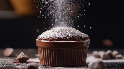 Chocolate souffle served in a ramekin with a dusting of powdered sugar
