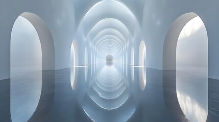 A mesmerizing sequence of reflective arched corridors creating a serene and infinite sense of depth within a pristine minimalist gallery space