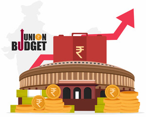 union budget 2025 india with red suitcase and indian parliament 
