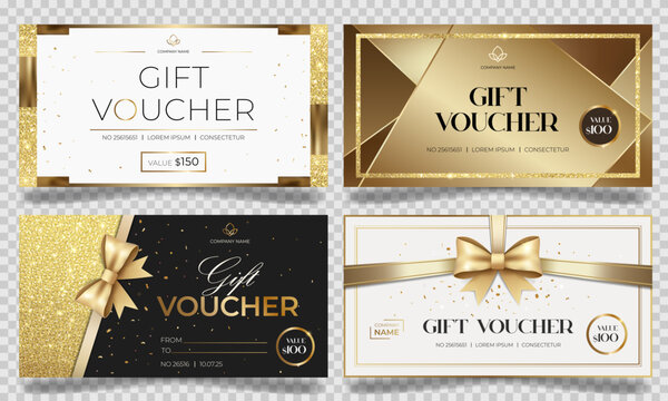 Luxury gift vouchers in black and gold color. Elegant template for gift card, coupon. Stylish gift voucher.