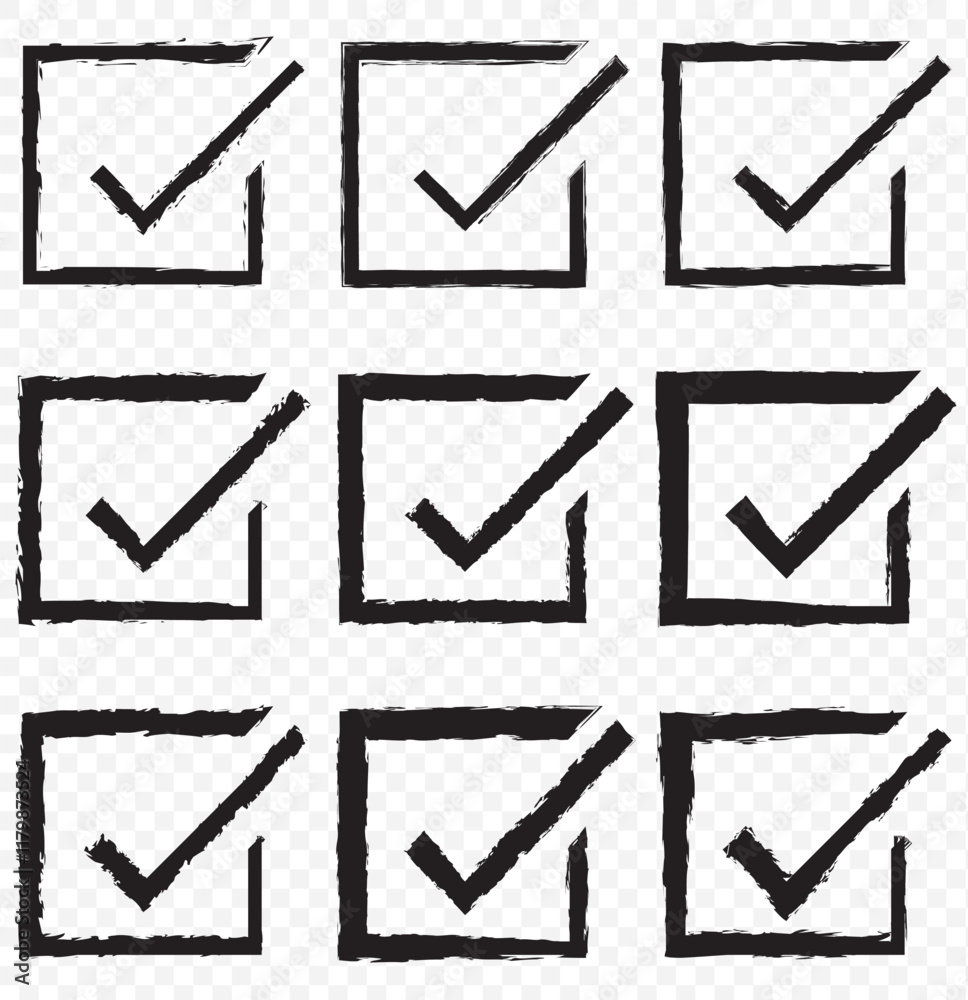 Poster check box icon with correct with different line width. approved symbol. accept checkmark icons green