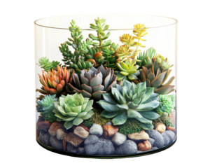Colorful succulent garden in a glass container with river stones.