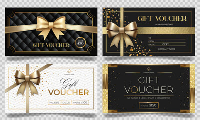 Luxury gift vouchers in black and gold color with bow. Elegant template for gift card, coupon. Stylish gift voucher.