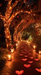 Obraz premium A romantic Valentine’s pathway illuminated by glowing heart-shaped lanterns and fairy lights