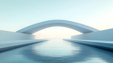 Fototapeta premium Minimalist Steel Arch Suspended Above Serene Water Surface Reflecting Elegant Tranquility and Architectural Beauty