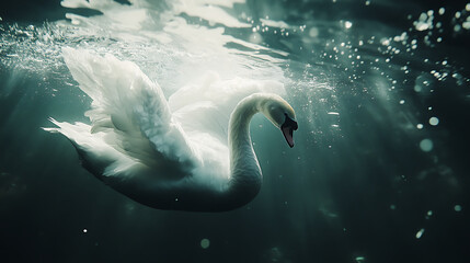 Naklejka premium A graceful swan glides underwater, illuminated by soft light and bubbles.