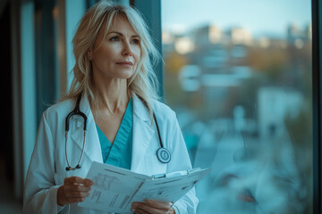 A woman in a white lab coat is looking out a window while holding a book