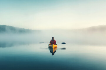A man in a red kayak is paddling through a foggy lake