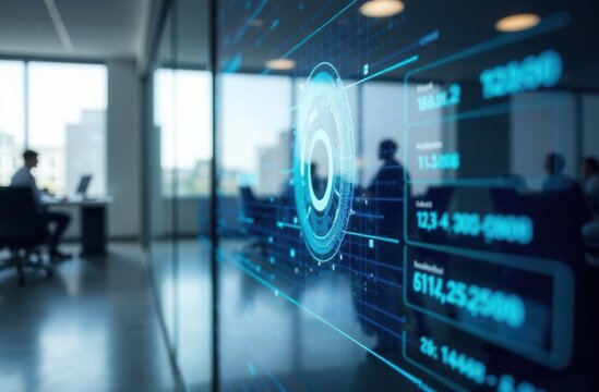 holographic information interface displaying real-time data, in a corporate office, close-up shot focusing on the interface, clean white lighting enhancing clarity, subtle office background - Powered by Adobe