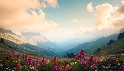 Vibrant Wildflowers Mountain Valley Scenic Landscape Sunset Sky
