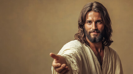 A man with long hair and a beard is pointing to the camera