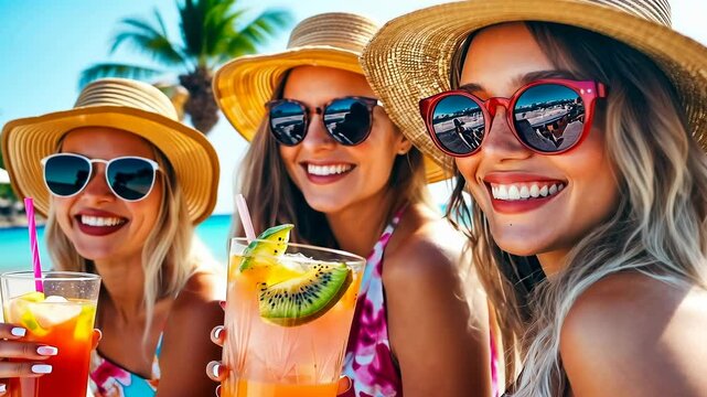 Three young Caucasian women in sunglasses and sun hats savor fruity cocktails on a sunny beach day, radiating joy and relaxation amidst vibrant summer vibes.