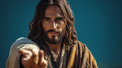 A man with long hair and a beard is pointing to the sky