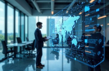 A futuristic screen is displayed on a sleek glass wall in a modern office