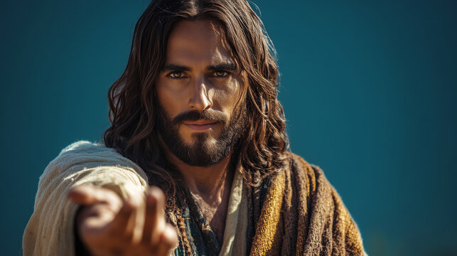 A man with long hair and a beard is pointing to the sky