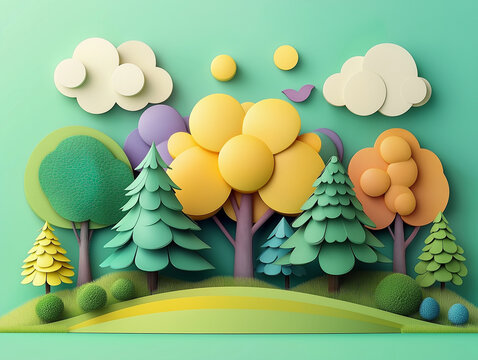 Clipart style 3D green forest background. 