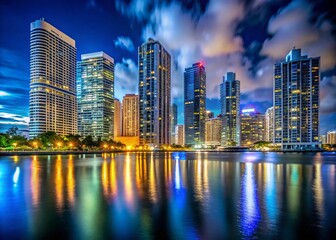 Naklejka premium Miami Brickell Key Night Skyline - Low Light Cityscape Photography