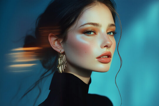 Fashionable and stylish woman in trendy jewelry big earrings. Fashion look, beauty, and style.