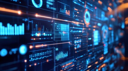 Obraz premium Futuristic control panel showing various performance data and statistics in a manufacturing context, highlighting the integration of technology and automation in modern industrial processes