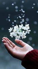 White flowers float gently above an outstretched hand against a blurred dark background showcasing a serene moment of connection with nature