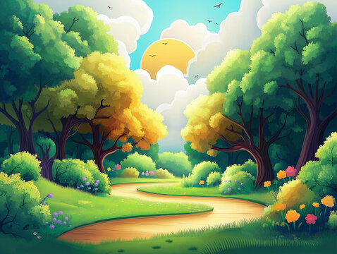 Clipart style 3D green forest background. 