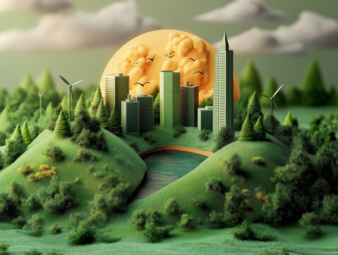 Renewable and sustainable energy in the paper art style. A green city with trees, buildings, wind turbines