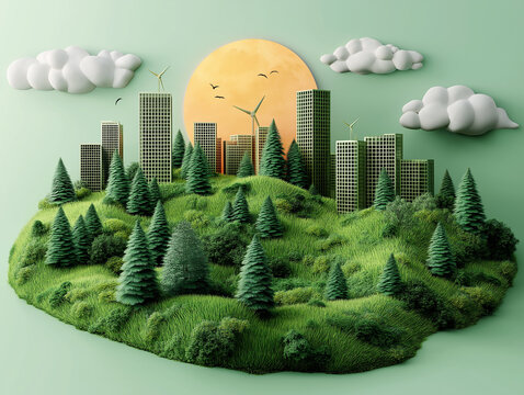 Renewable and sustainable energy in the paper art style. A green city with trees, buildings, wind turbines