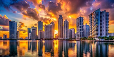 Obraz premium Miami Skyscrapers: Sun-Drenched Cityscape at Dawn, Architectural Marvels