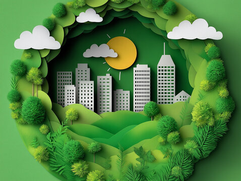 Renewable and sustainable energy in the paper art style. A green city with trees, buildings, wind turbines