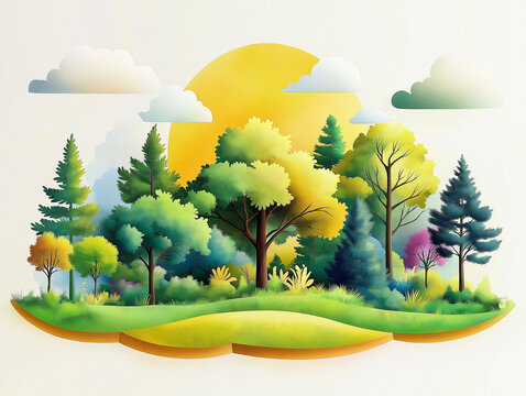 Clipart style 3D green forest background. 