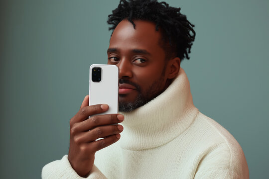 Young African man sending voice message via smartphone. Solid simple isolated background.