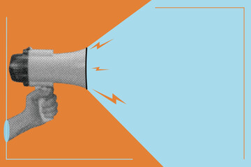 Contemporary art collage. Human hand-holding megaphones and spreading  news. trending 