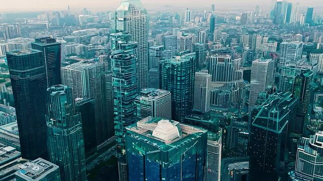 Drone view of a modern city with many steel and glass skyscrapers.