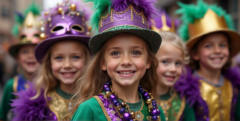 A close up shot captures a group of children parading in the street for Mardi Gras, showcasing the excitement and joy of the lively celebration