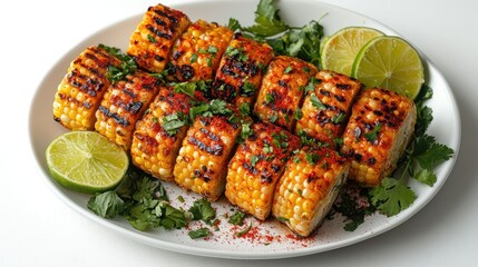 Grilled corn on the cob, cut into rounds, seasoned with chili powder and cilantro, served with lime wedges on a white plate.