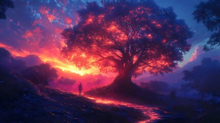 Fototapeta premium Majestic thermal tree silhouette standing tall in a vibrant glowing chromatic sunset landscape The warm and electric colors blend seamlessly creating a dramatic cinematic atmosphere This surreal